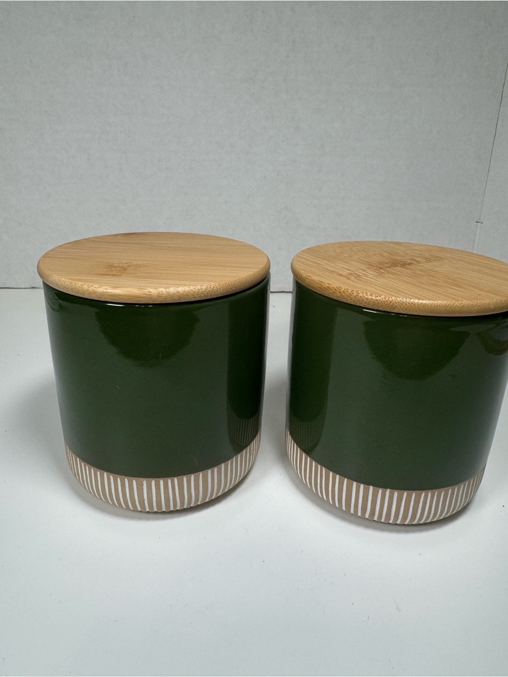 Set of 2 Green Ceramic Canisters with Bamboo Lids